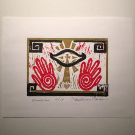 Original print with abstract images of two hands, and an eye superimposed over a cross.