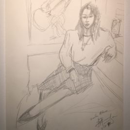 Pencil drawing of woman seated on artist's studio sofa.