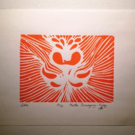 Original print of an orange abstract flower-like image.