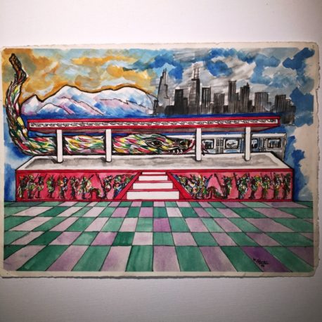 Watercolor painting of a Chicago El train station reimagined in an Aztec motif.
