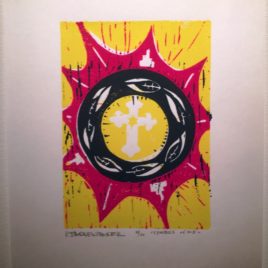 Original print of abstract fuscia and black circular shapes with a white cross in center.